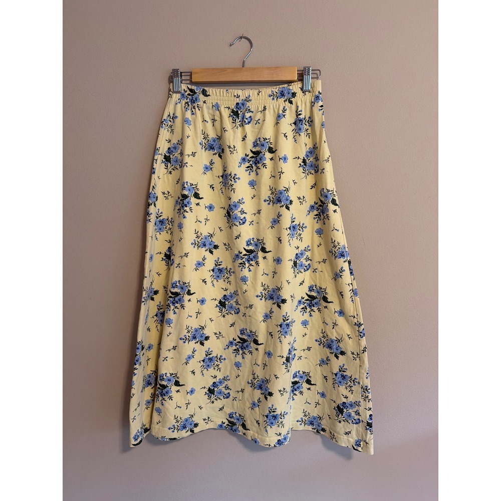 Vintage 100% Cotton Yellow Blue Floral Midi Skirt Elastic‎ Waist Medium